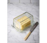 Louella Clear Glass Butter Dish w Lid, Vintage Retro American Ribbed Container