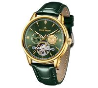 LOUIE JUELEN Automatic Mechanical Watch for Men with Green Dial & Gold Case, Simulated Diamonds, Leather Strap, Day-Date Display, Waterproof, Luminous, Self-Winding Movement