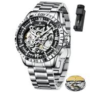 LOUIE JUELEN Men's Skeleton Mechanical Watch Automatic Self-Winding Movement Silver Case with Luxury Dress Luminous Wrist Watches(Black)