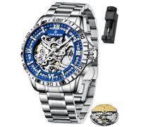 LOUIE JUELEN Men's Skeleton Mechanical Watch Automatic Self-Winding Movement Silver Case with Luxury Dress Luminous Wrist Watches(Blue)