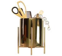 LOUIE SILNA Ceramic Makeup Brush Holder with Metal Frame, Round Vanity Organizer Cup for Brushes, Combs & Beauty Tools, Chic Desktop Storage for Bedroom & Bathroom（Gold -12CM*10.16CM）