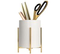 LOUIE SILNA Ceramic Pen Holder with Gold Metal Stand, Round Desk Organizer, Luxury Makeup Brush Holder & Stationery Storage Cup for Office, Home, Vanity, 12cm x 8.5cm, Medium