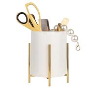 LOUIE SILNA Ceramic Pen Holder with Stable Metal Bracket,Cute Round Pencil Cup Pen Pot for Kids Girls Desk Organizer Makeup Brush Holder (white and gold 1pcs) Large