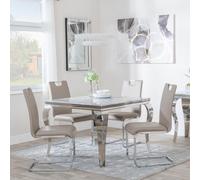 Louis Dining Set - 4 Seater - 100cm - Square - Grey Marble & Chrome - 4x Bianco Dining Chairs - Beige Faux Leather