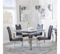 Louis Dining Set - 4 Seater - 100cm - Square - Grey Marble & Chrome - 4x Bianco Dining Chairs - Black Faux Leather