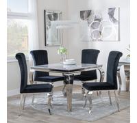 Louis Dining Set - 4 Seater - 100cm - Square - Grey Marble & Chrome - 4x Dining Chairs - Black Velvet Fabric