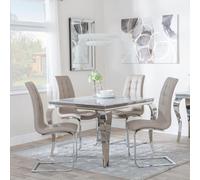 Louis Dining Set - 4 Seater - 100cm - Square - Grey Marble & Chrome - 4x Jamison Dining Chairs - Beige Faux Leather