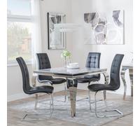 Louis Dining Set - 4 Seater - 100cm - Square - Grey Marble & Chrome - 4x Jamison Dining Chairs - Black Faux Leather