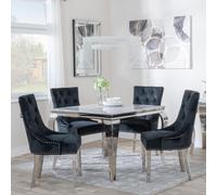 Louis Dining Set - 4 Seater - 100cm - Square - Grey Marble & Chrome - 4x Knocker Back Dining Chairs - Black Velvet Fabric - Chrome Legs