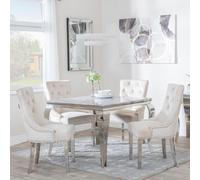 Louis Dining Set - 4 Seater - 100cm - Square - Grey Marble & Chrome - 4x Knocker Back Dining Chairs - Champagne Velvet Fabric - Chrome Legs