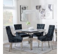 Louis Dining Set - 4 Seater - 100cm - Square - Grey Marble & Chrome - 4x Lion Knocker Back Dining Chairs - Black Velvet Fabric - Chrome Legs
