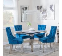Louis Dining Set - 4 Seater - 100cm - Square - Grey Marble & Chrome - 4x Lion Knocker Back Dining Chairs - Blue Velvet Fabric - Chrome Legs