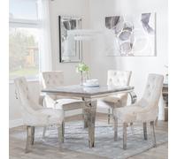 Louis Dining Set - 4 Seater - 100cm - Square - Grey Marble & Chrome - 4x Lion Knocker Back Dining Chairs - Champagne Velvet Fabric - Chrome Legs