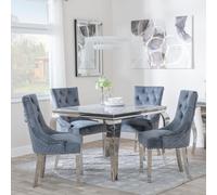 Louis Dining Set - 4 Seater - 100cm - Square - Grey Marble & Chrome - 4x Lion Knocker Back Dining Chairs - Grey Velvet Fabric - Chrome Legs