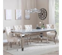 Louis Dining Set - 4 Seater - 140cm - Grey Marble & Chrome - Knocker Back Dining Chairs - Champagne Velvet Fabric - Chrome Legs