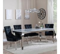 Louis Dining Set - 4 Seater - 140cm - Grey Marble & Chrome - Lion Knocker Back Dining Chairs - Black Velvet Fabric - Chrome Legs