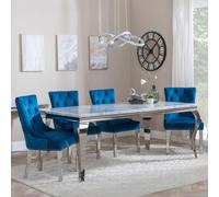 Louis Dining Set - 4 Seater - 140cm - Grey Marble & Chrome - Lion Knocker Back Dining Chairs - Blue Velvet Fabric - Chrome Legs