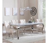 Louis Dining Set - 4 Seater - 140cm - Grey Marble & Chrome - Lion Knocker Back Dining Chairs - Champagne Velvet Fabric - Chrome Legs