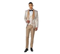 Louis - Men’s 3 Piece Wedding Suit Gold Damask Jacquard Print Tuxedo Jacket Waistcoat Trouser[SUIT-V8231-A10-LOUIS-CREAM, UK/US 44 EU 54]