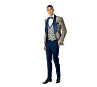 Louis - Men’s 3 Piece Wedding Suit Gold Damask Jacquard Print Tuxedo Jacket Waistcoat Trouser[SUIT-V8231-A2-LOUIS-NAVY, UK/US 54 EU 64]