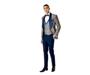 Louis - Men’s 3 Piece Wedding Suit Gold Damask Jacquard Print Tuxedo Jacket Waistcoat Trouser[SUIT-V8231-A2-LOUIS-NAVY, UK/US 44 EU 54]