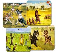 Louis Wain Cats Playing Games Coaster Set Of 4. Cork Backed.Tennis, Cricket, Kite Flying and Diabolo Kitties