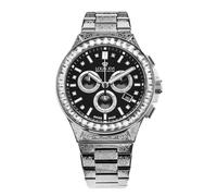 LOUIS XVI Le Monarque Royale Men's Watch Chronograph 42mm Swiss Quartz Movement Stainless Steel Bracelet Silver/Gold Dial Black Genuine Diamonds/CZ Diamonds, Silver / Black Iced, Bracelet
