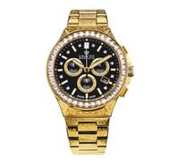 LOUIS XVI Le Monarque Royale Men's Watch Chronograph 42mm Swiss Quartz Movement Stainless Steel Bracelet Silver/Gold Dial Black Genuine Diamonds/CZ Diamonds, Gold / Black Iced