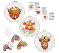 Louise Maelys 3 Sets Highland Cow Embroidery Kits for Beginners,Cross Stitch Kit for Adults,Starters DIY Needlepoint Including Embroidery Hoop Cloth Needles Instruction and Threads