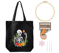 Louise Maelys Helloween Embroidery Kit Canvas Tote Bag for Beginners,Cross Stitch Kits for Adults,DIY Crafts Skull Flowers Pattern,Women Shopping Reusable Grocery Bags