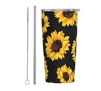 LOUJIN 20oz/550ml Stainless Steel Insulated Travel Coffee Cup, Sunflower Travel Mug with Leakproof Lid, Straw and Straw Brush-Sunflower