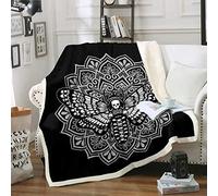 LOUJIN Bohemian Mandala Sherpa Blanket Death Moth Skull Fleece Throw Blanket for Kids Boys Adults Flying Skeleton Butterfly Plush Blanket 125CM X 100CM