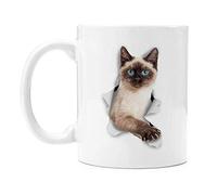LOUJIN Cute Breakout Siamese Cat Coffee Mug, Funny Crazy Cat Lover Gifts Ceramic Mugs Tea Cup for Men Women | White, 11oz