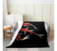 LOUJIN Japanese-Style Koi Animal Fleece Throw Blanket For Bed Sofa,Kids Exotic Red Koi Fuzzy Blanket,All Season Fish Scales Black Bed B 125CM X 100CM