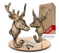 LouMaxx Deer Coat Hooks - Set of 2 Gold Cast Iron Rustic Stag Design Wall Hooks