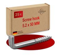LouMaxx Galvanised Steel Screw Hooks - Set of 25, 5.2 x 50 mm, Up to 40 kg Load Capacity, Wall Mount, Industrial Style, Perfect for Pictures, Shelves & More