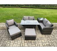 Lounge Rattan Sofa Set Outdoor Garden Furniture Oblong Rectangular Dining Table With Chairs 2 Big Footstool Side Table 7 Seater Fimous Dark Grey One Size