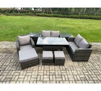 Fimous Lounge Rattan Sofa Set Outdoor Garden Furniture Oblong Rectangular Dining Table With Chairs 3 Footstools 2 Side Tables 8 Seater