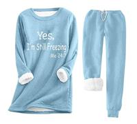 Lounge Sets for Women 2 Piece Winter Outfits Yes, I'm Still Freezing Me 24:7 Fleece Lined Pullover & Warm Pants Light Blue