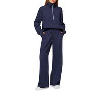 Lounge Sets for Women Stand Collar Half Zip Sweatshirt and High Waist Elastic Drawstring Wide Leg Sweatpant 2 Piece Outfits Athleisure Tracksuit (Dark Blue,S)