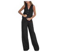 Lounge Sets for Women UK 2024 Novelty Stylish Solid Temperament 2 Piece Outfits Sexy Chic V Neck Button Sleeveless Irregular Hem Waistcoat &Loose Breathable Wide Leg Pants Set