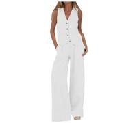 Lounge Sets for Women UK 2025 Novelty Stylish Solid Temperament 2 Piece Outfits SexyV Neck Button Sleeveless Irregular Hem Waistcoat & Loose Breathable Wide Leg Pants Set Comfort