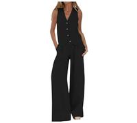 Lounge Sets for Women UK 2025 Novelty Stylish Solid Temperament 2 Piece Outfits SexyV Neck Button Sleeveless Irregular Hem Waistcoat & Loose Breathable Wide Leg Pants Set Comfort