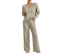 Lounge Sets for Women UK Tracksuits Oversized Knitted Outfit V Neck Long Sleeve Solid Color Tops Wide Leg High Waist Trousers Pants Fluffy Cosy Pyjamas Fall Winter Casual Warm Dailywear