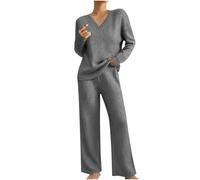 Lounge Sets for Women UK Tracksuits Oversized Knitted Outfit V Neck Long Sleeve Solid Color Tops Wide Leg High Waist Trousers Pants Fluffy Cosy Pyjamas Fall Winter Casual Warm Dailywear