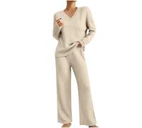 Lounge Sets for Women UK Tracksuits Oversized Knitted Outfit V Neck Long Sleeve Solid Color Tops Wide Leg High Waist Trousers Pants Fluffy Cosy Pyjamas Fall Winter Casual Warm Dailywear