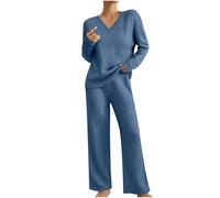 Lounge Sets for Women UK Tracksuits Oversized Knitted Outfit V Neck Long Sleeve Solid Color Tops Wide Leg High Waist Trousers Pants Fluffy Cosy Pyjamas Fall Winter Casual Warm Dailywear