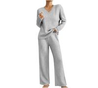 Lounge Sets for Women UK Tracksuits Oversized Knitted Outfit V Neck Long Sleeve Solid Color Tops Wide Leg High Waist Trousers Pants Fluffy Cosy Pyjamas Fall Winter Casual Warm Dailywear