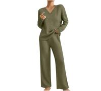 Lounge Sets for Women UK Tracksuits Oversized Knitted Outfit V Neck Long Sleeve Solid Color Tops Wide Leg High Waist Trousers Pants Fluffy Cosy Pyjamas Fall Winter Casual Warm Dailywear