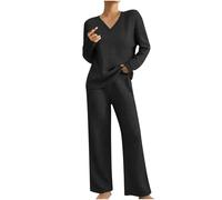 Lounge Sets for Women UK Tracksuits Oversized Knitted Outfit V Neck Long Sleeve Solid Color Tops Wide Leg High Waist Trousers Pants Fluffy Cosy Pyjamas Fall Winter Casual Warm Dailywear